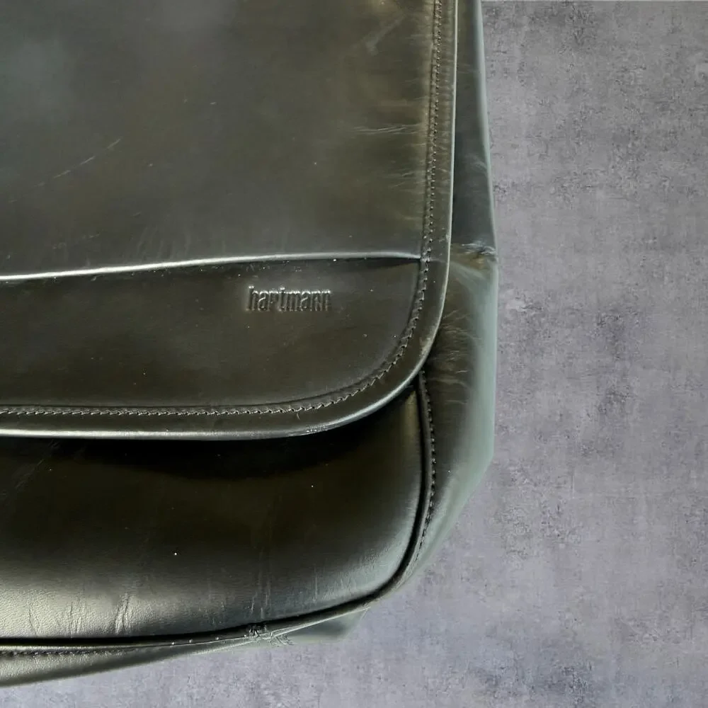 Hartmann Black Leather Messenger Bag Briefcase Laptop Travel Satchel Shoulder